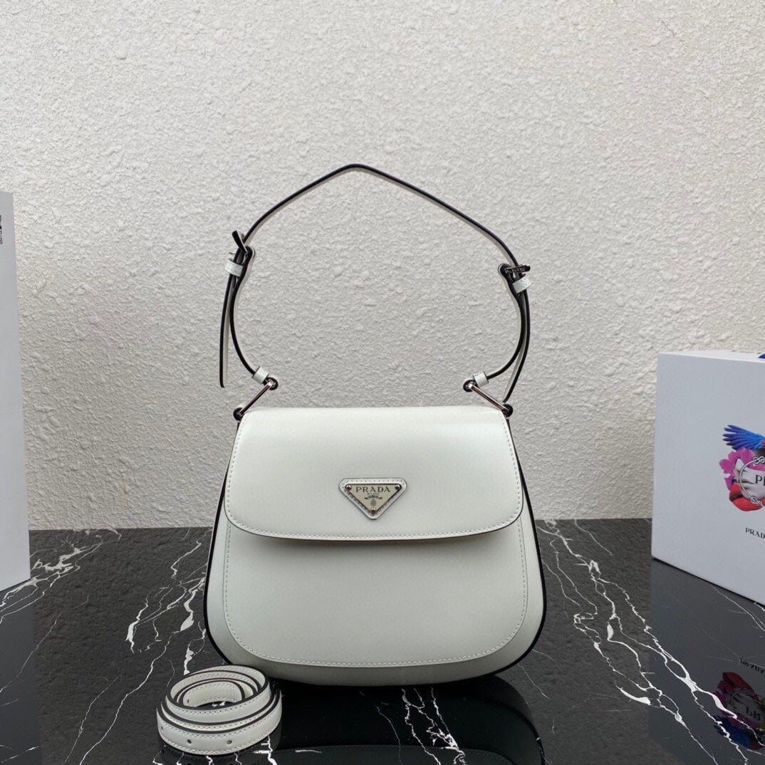 Prada Cleo 24 White Black Brushed Leather Shoulder Bag
