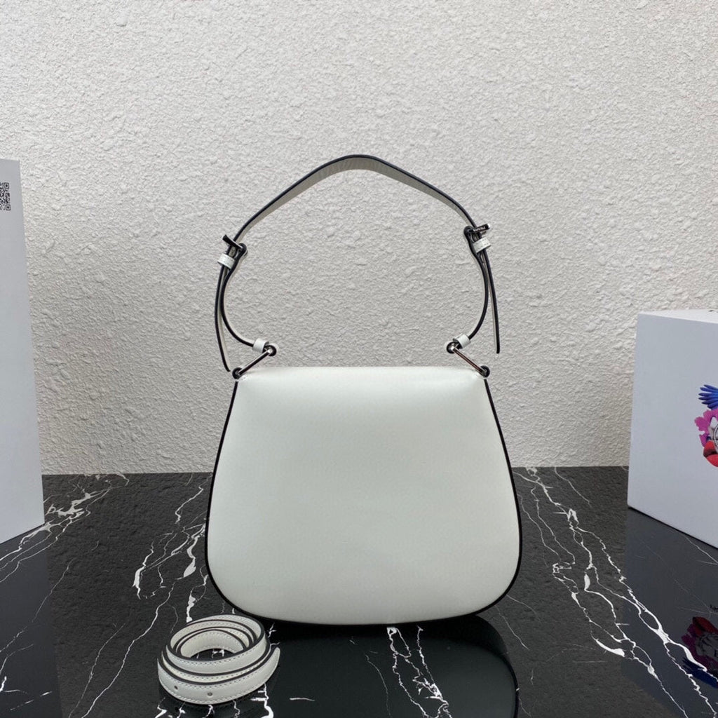 Prada Cleo 24 White Black Brushed Leather Shoulder Bag