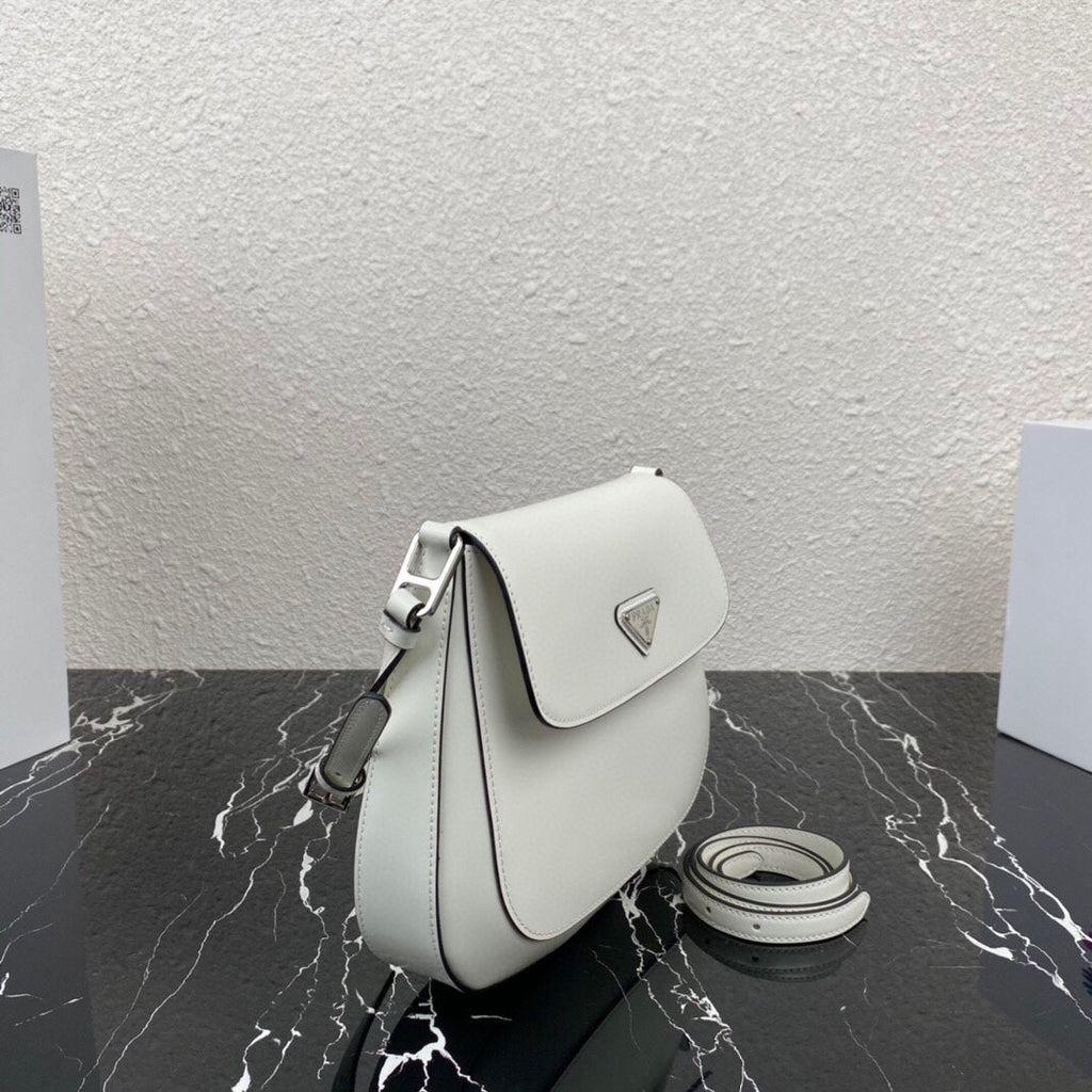 Prada Cleo 24 White Black Brushed Leather Shoulder Bag
