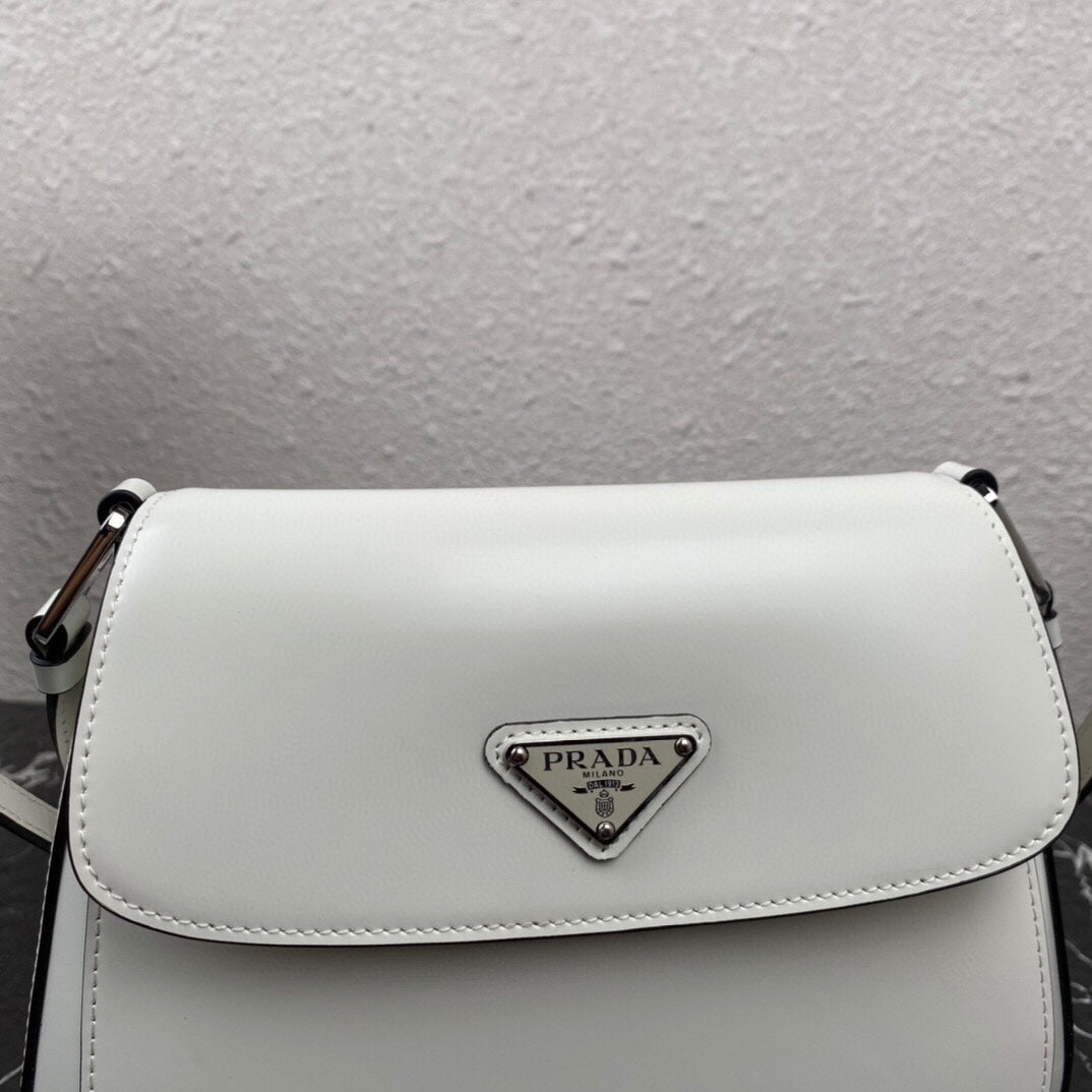 Prada Cleo 24 White Black Brushed Leather Shoulder Bag
