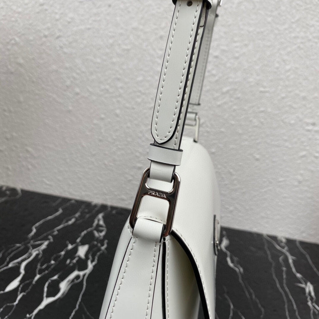 Prada Cleo 24 White Black Brushed Leather Shoulder Bag