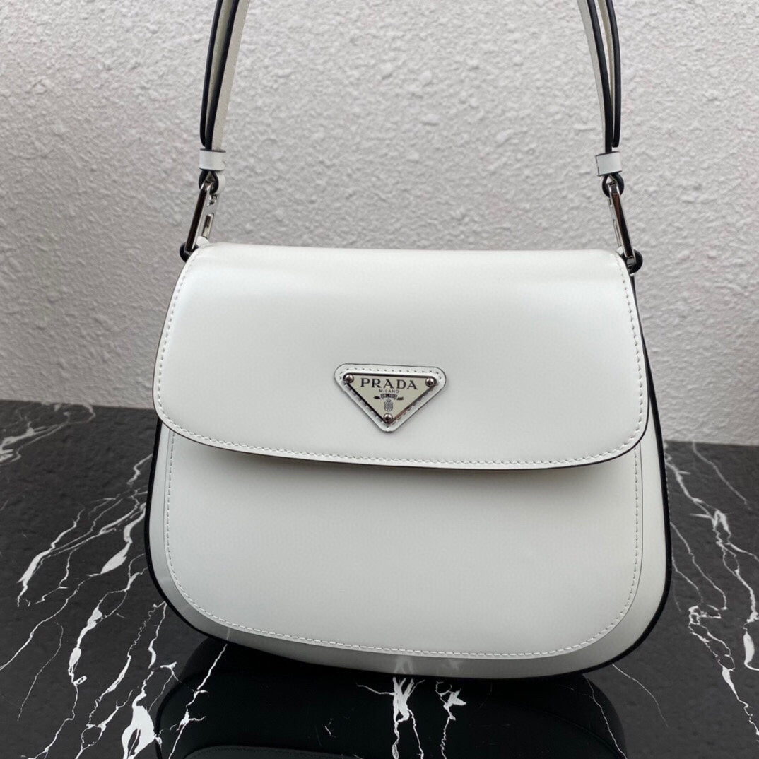 Prada Cleo 24 White Black Brushed Leather Shoulder Bag