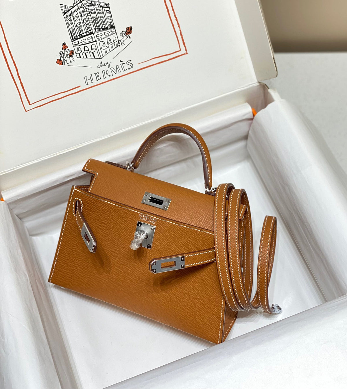 Hermes Kelly Mini 20 Golden Brown Epsom Silver Hardware Bag