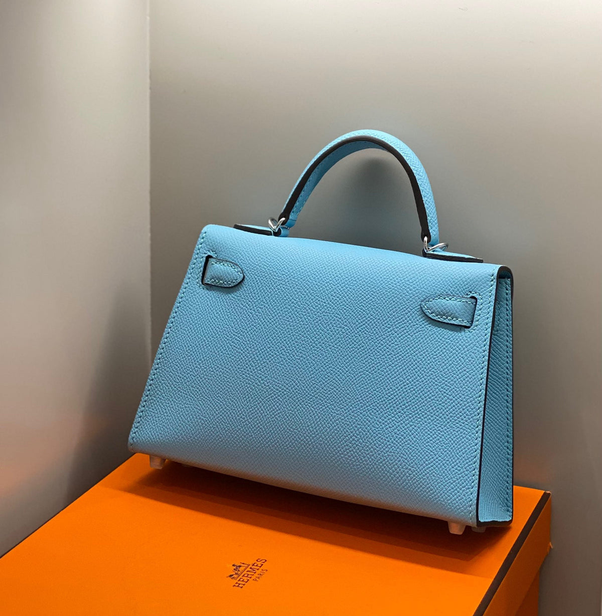 Hermes Kelly Mini 20 Sky Blue Epsom Silver Hardware Bag