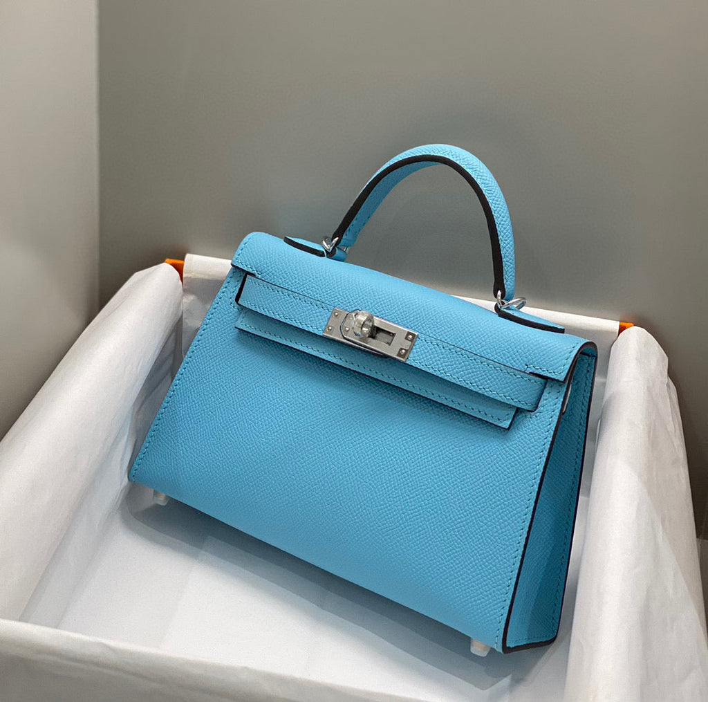 Hermes Kelly Mini 20 Sky Blue Epsom Silver Hardware Bag