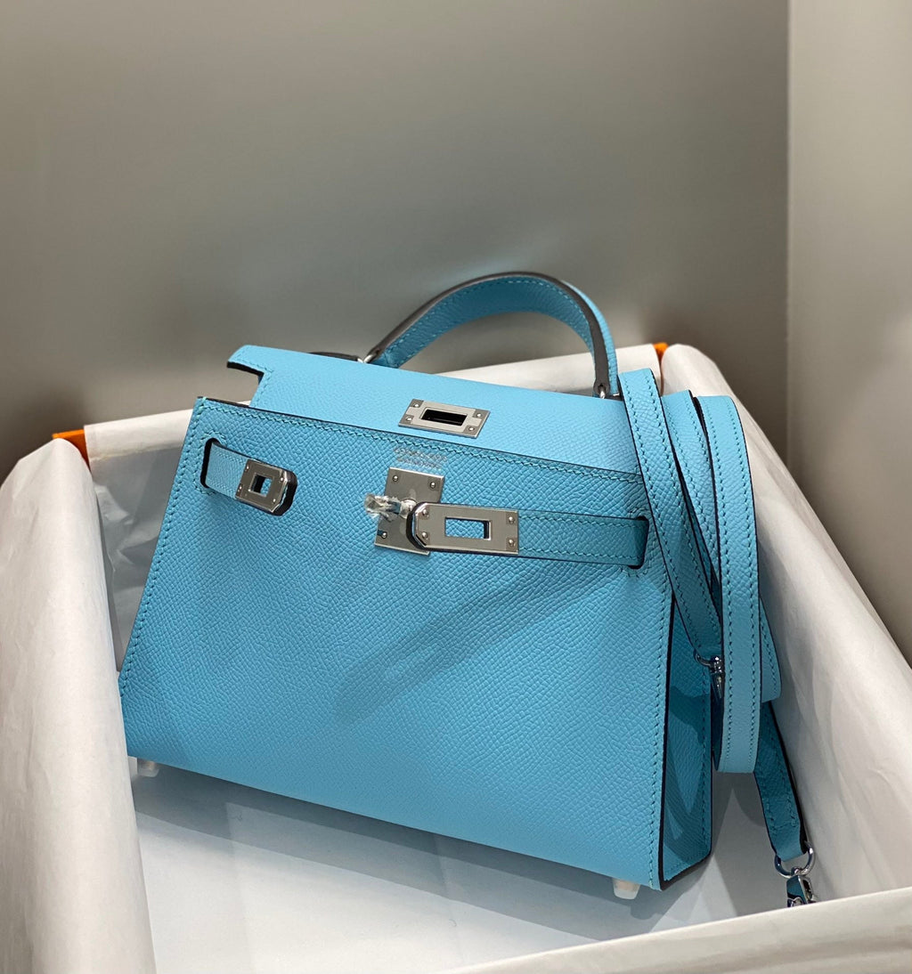 Hermes Kelly Mini 20 Sky Blue Epsom Silver Hardware Bag