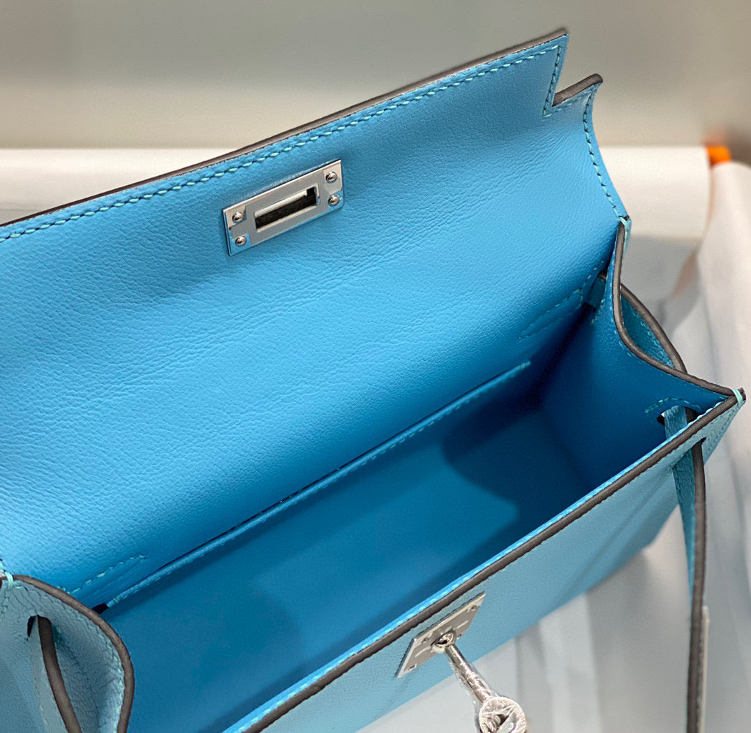 Hermes Kelly Mini 20 Sky Blue Epsom Silver Hardware Bag