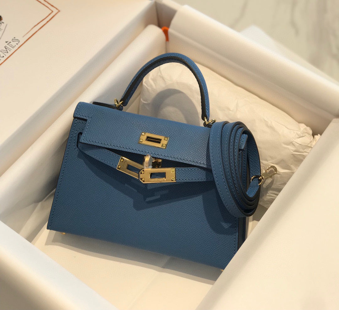 Hermes Kelly Mini 20 Blue Epsom Gold Hardware Bag