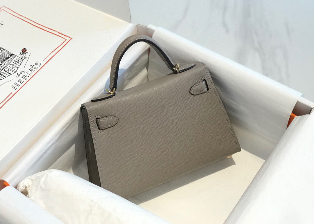 Hermes Kelly Mini 20 Light Grey Epsom Gold Hardware Bag
