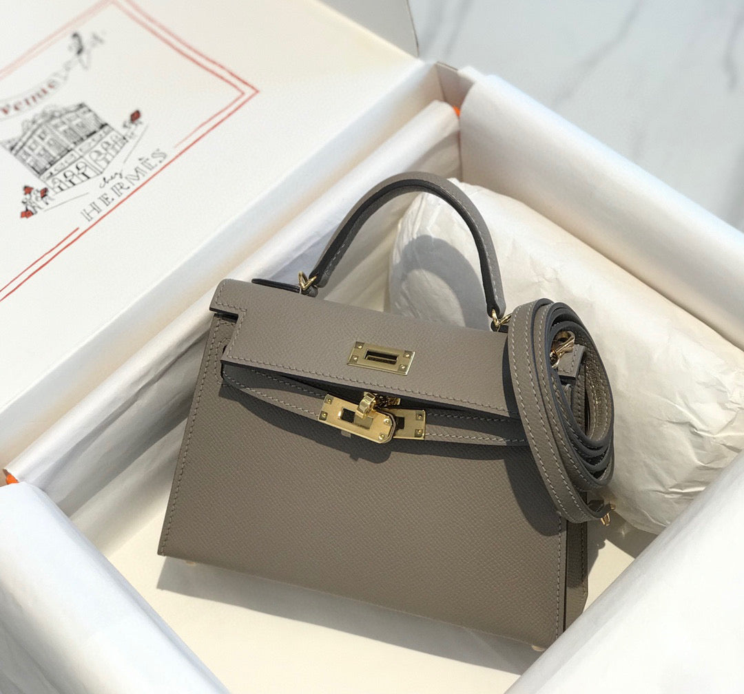 Hermes Kelly Mini 20 Light Grey Epsom Gold Hardware Bag