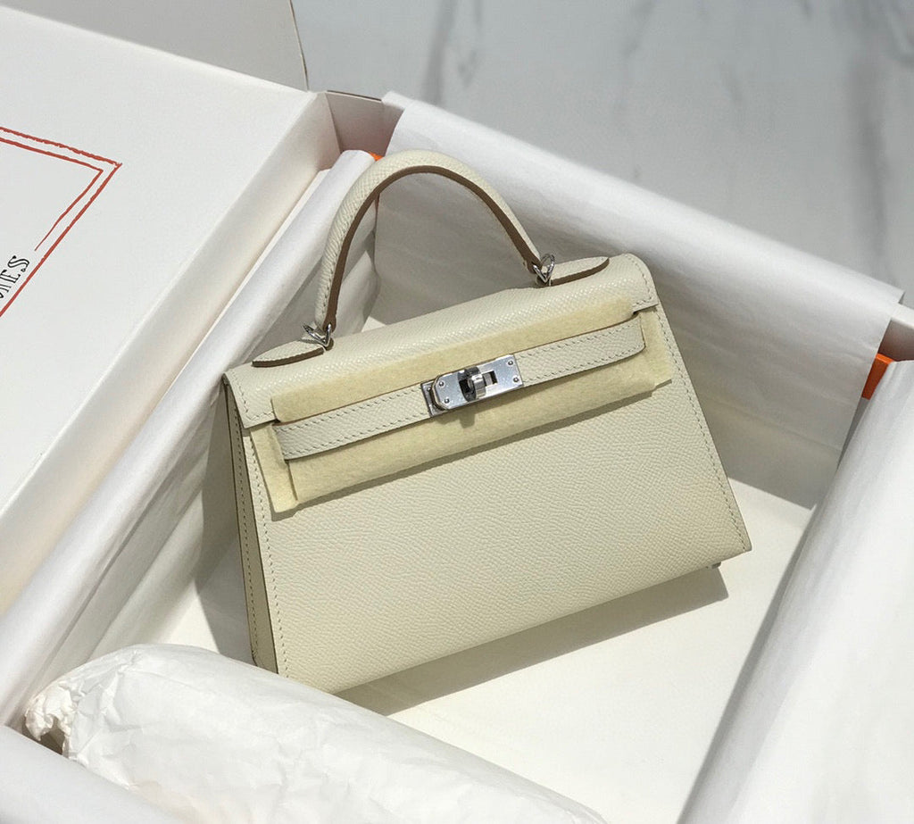 Hermes Kelly Mini 20 White Epsom Silver Hardware Bag