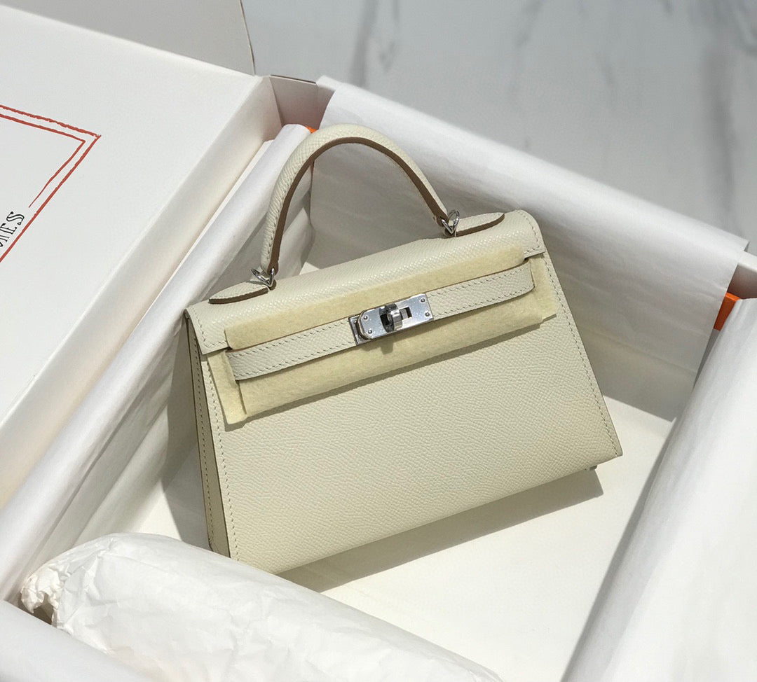 Hermes Kelly Mini 20 White Epsom Silver Hardware Bag