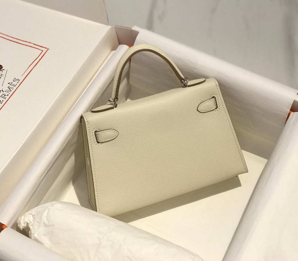 Hermes Kelly Mini 20 White Epsom Silver Hardware Bag