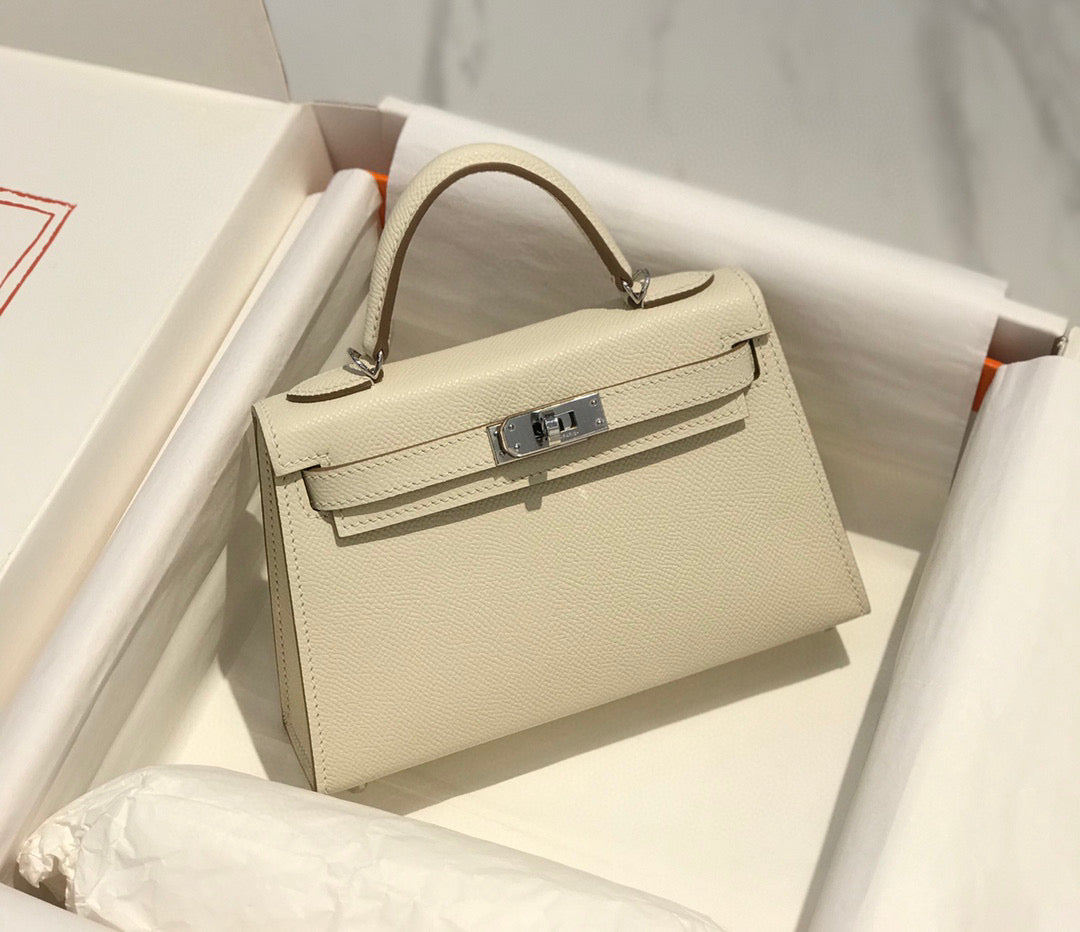 Hermes Kelly Mini 20 White Epsom Silver Hardware Bag