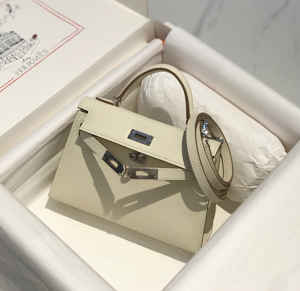 Hermes Kelly Mini 20 White Epsom Silver Hardware Bag