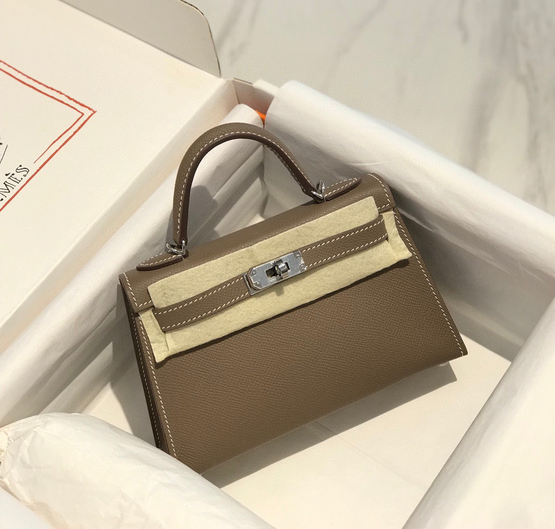 Hermes Kelly Mini 20 Etoupe Epsom Silver Hardware Bag