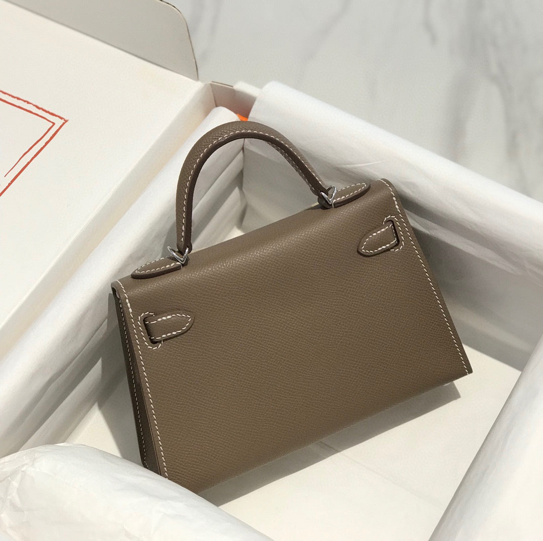 Hermes Kelly Mini 20 Etoupe Epsom Silver Hardware Bag