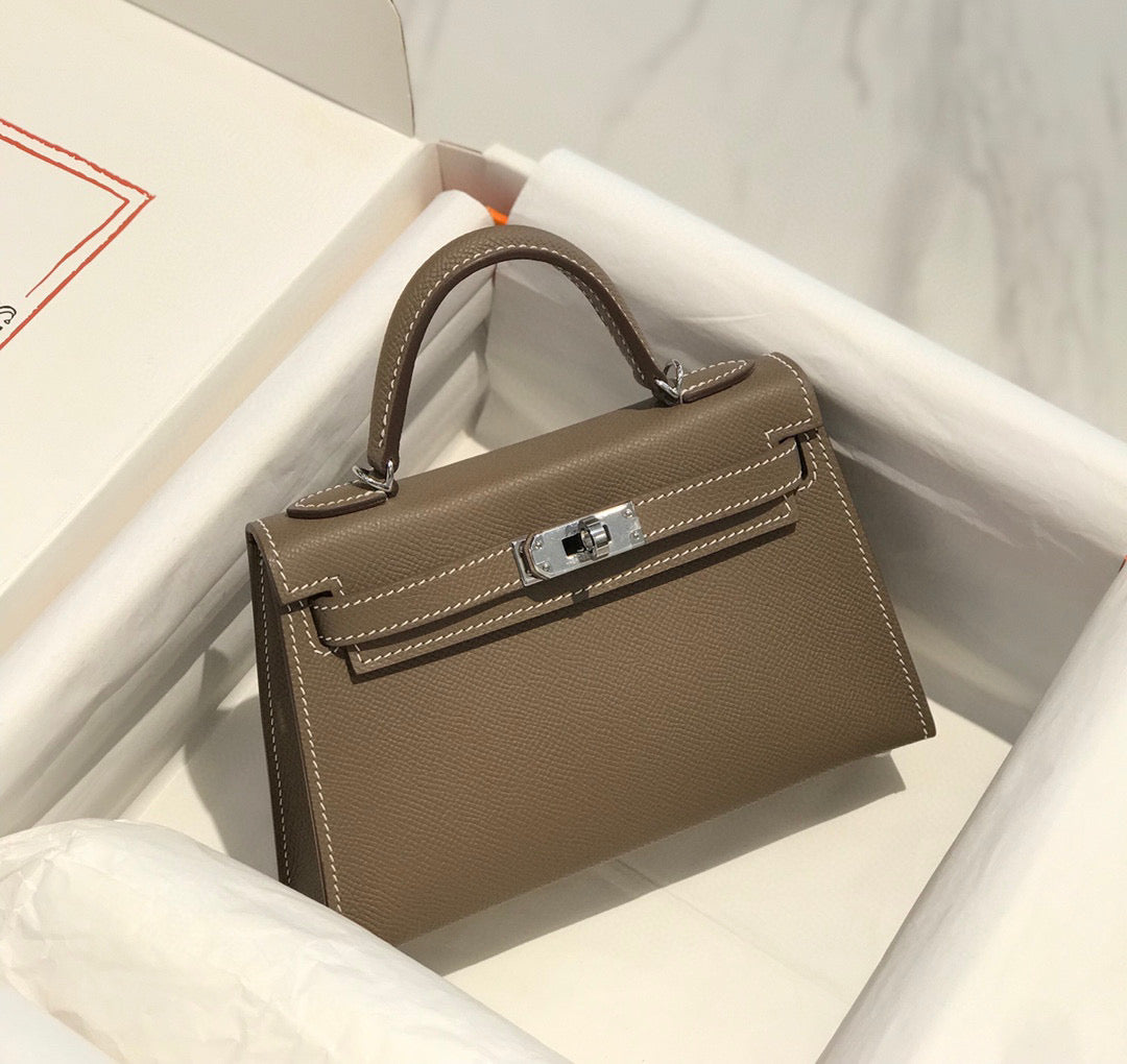 Hermes Kelly Mini 20 Etoupe Epsom Silver Hardware Bag