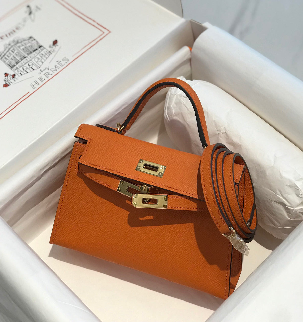 Hermes Kelly Mini 20 Orange Epsom Gold Hardware Bag