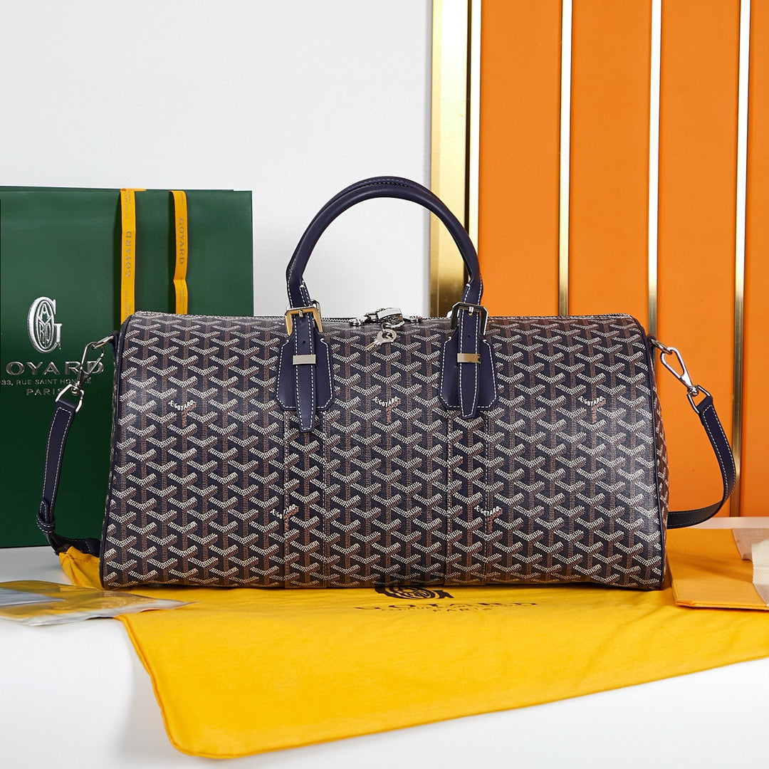 Goyard Boston 45 Bag in Navy Blue Goyardine Canvas and Calfskin Trim