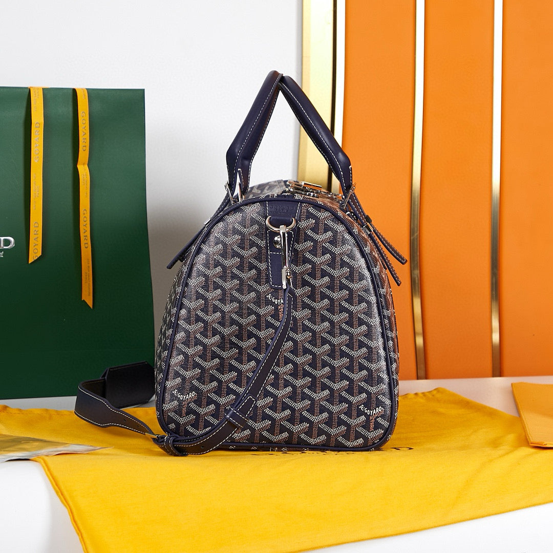 Goyard Boston 45 Bag in Navy Blue Goyardine Canvas and Calfskin Trim