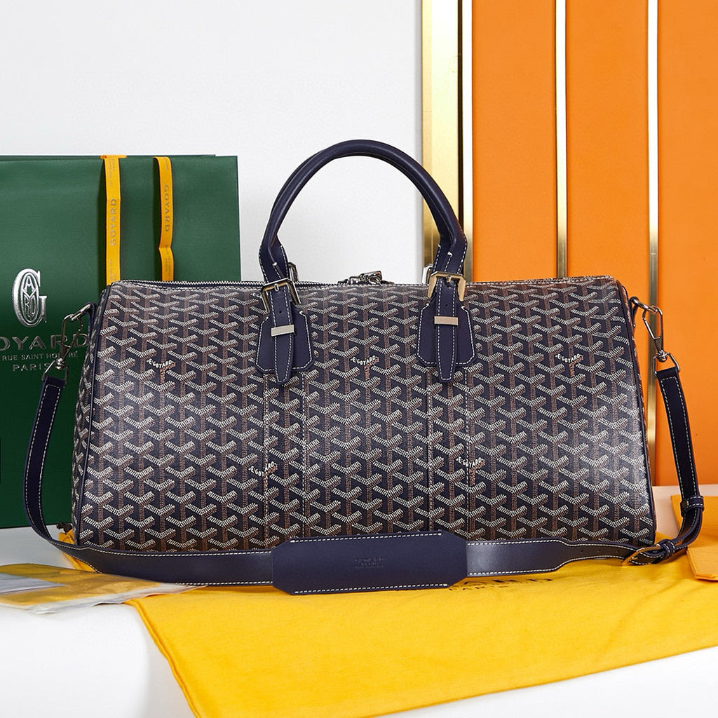 Goyard Boston 45 Bag in Navy Blue Goyardine Canvas and Calfskin Trim