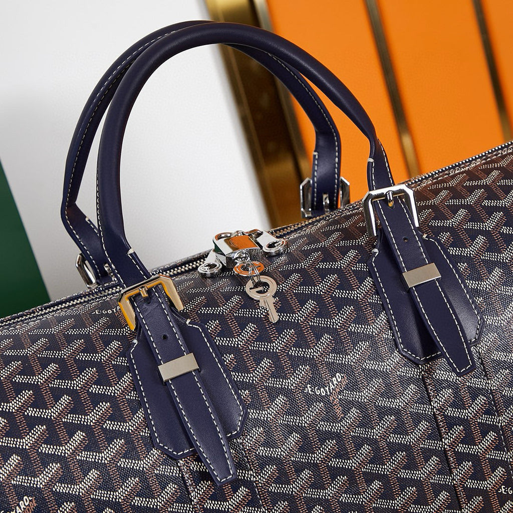 Goyard Boston 45 Bag in Navy Blue Goyardine Canvas and Calfskin Trim