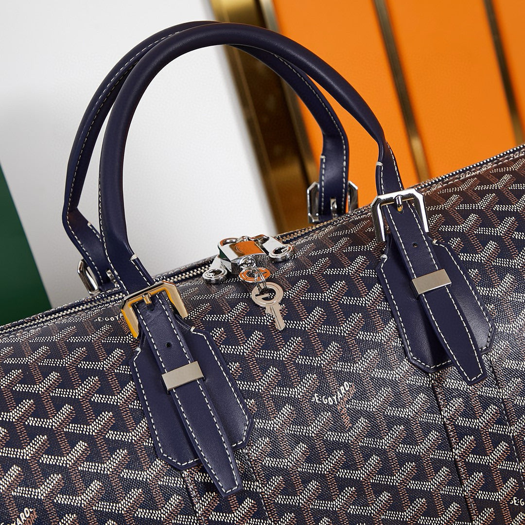 Goyard Boston 45 Bag in Navy Blue Goyardine Canvas and Calfskin Trim