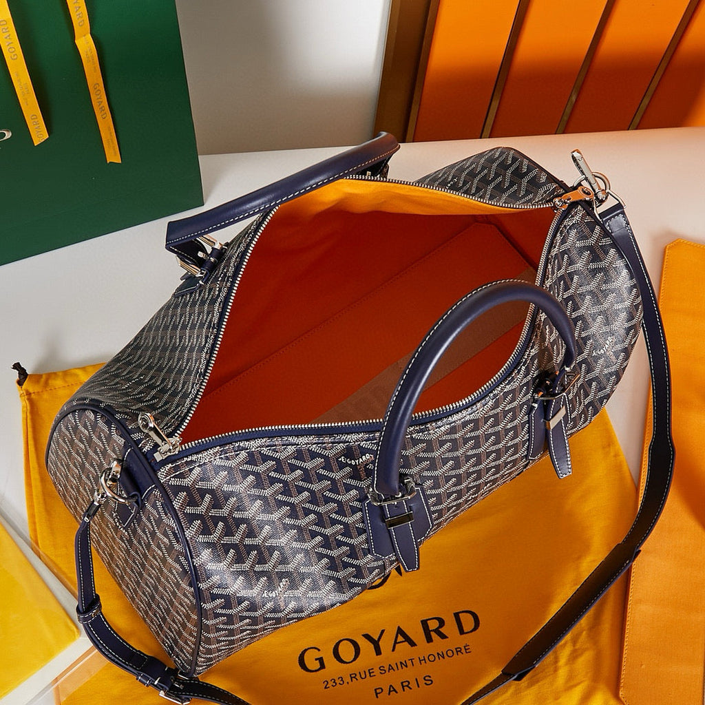 Goyard Boston 45 Bag in Navy Blue Goyardine Canvas and Calfskin Trim