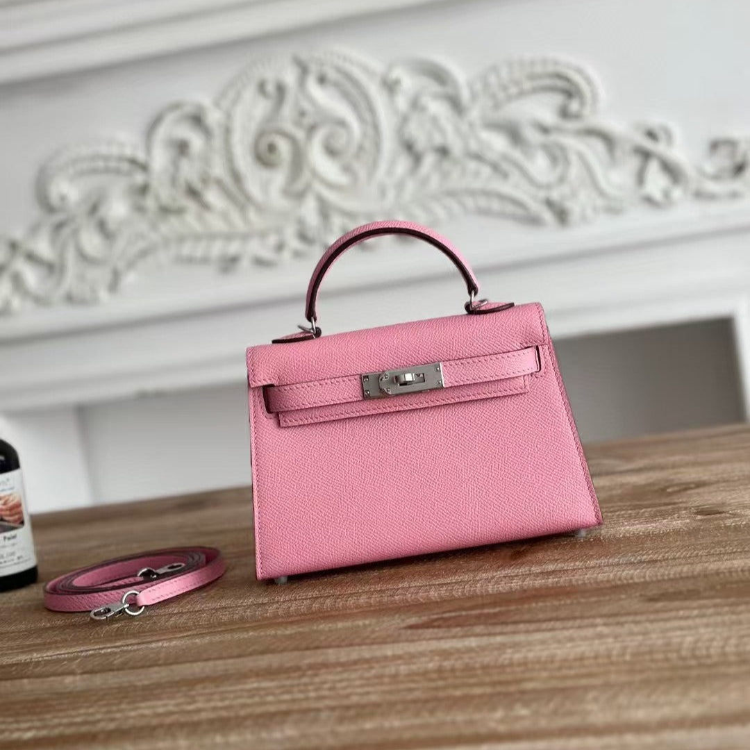 Hermes Kelly Mini 19 Light Pink Calfskin Silver Hardware Bag