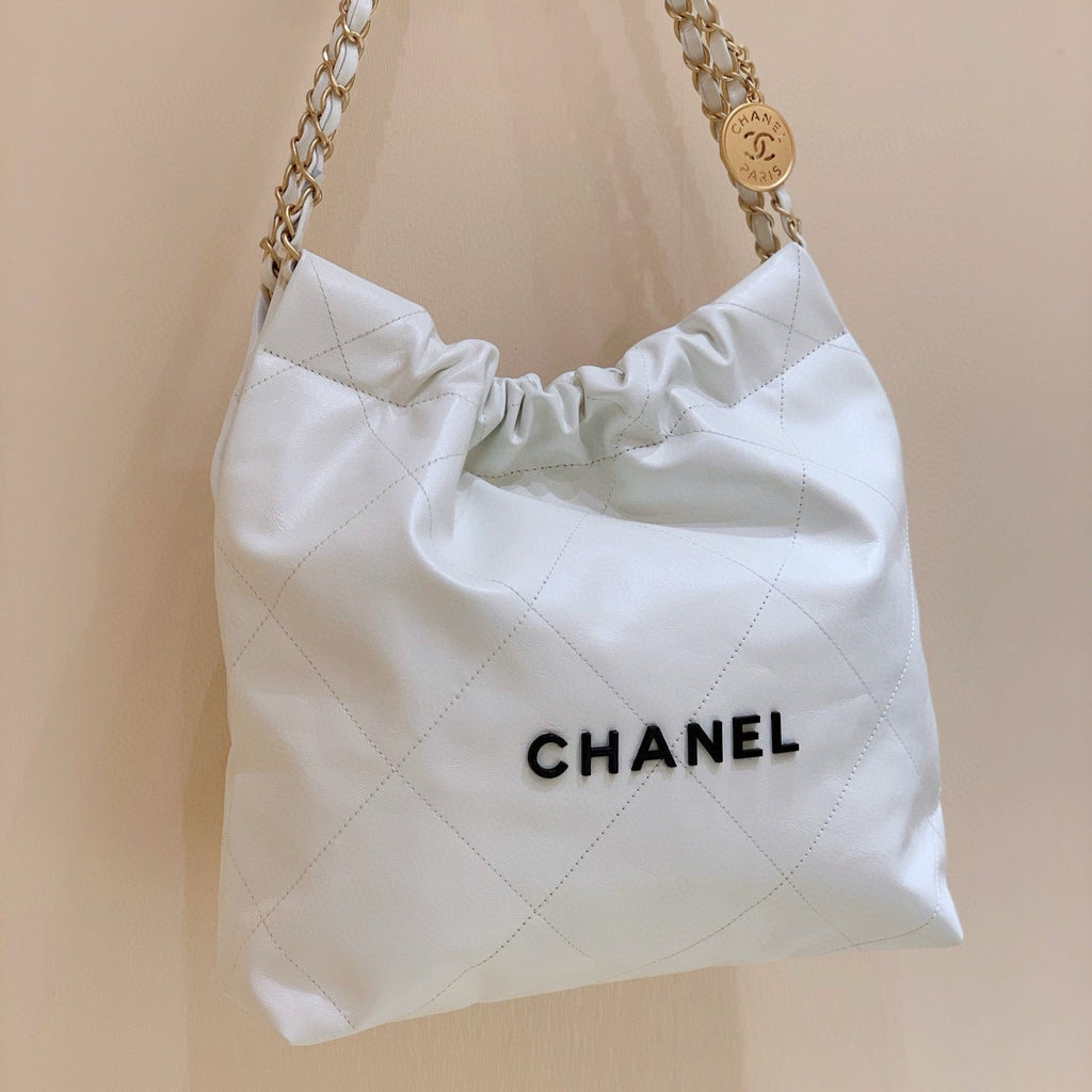 Chanel Hobo Bag 37 White Black Lambskin Gold Hardware