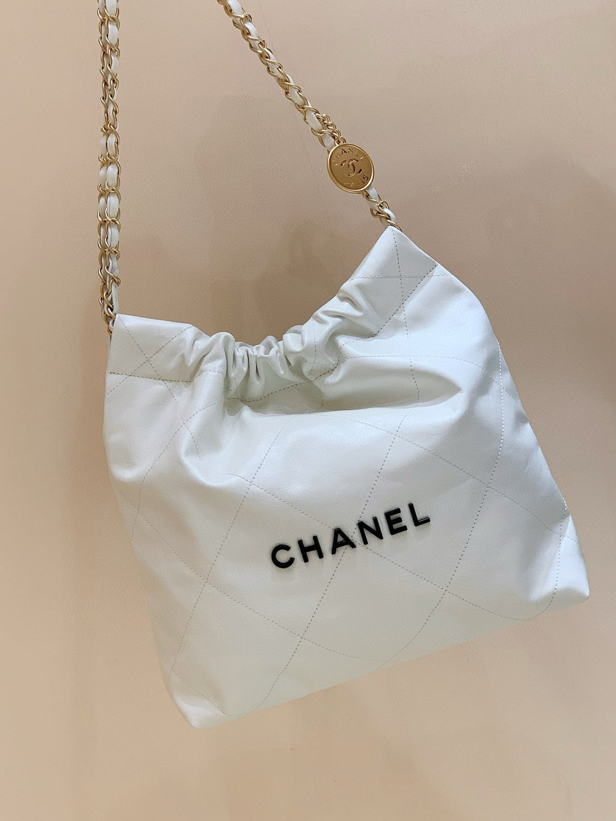 Chanel Hobo Bag 37 White Black Lambskin Gold Hardware