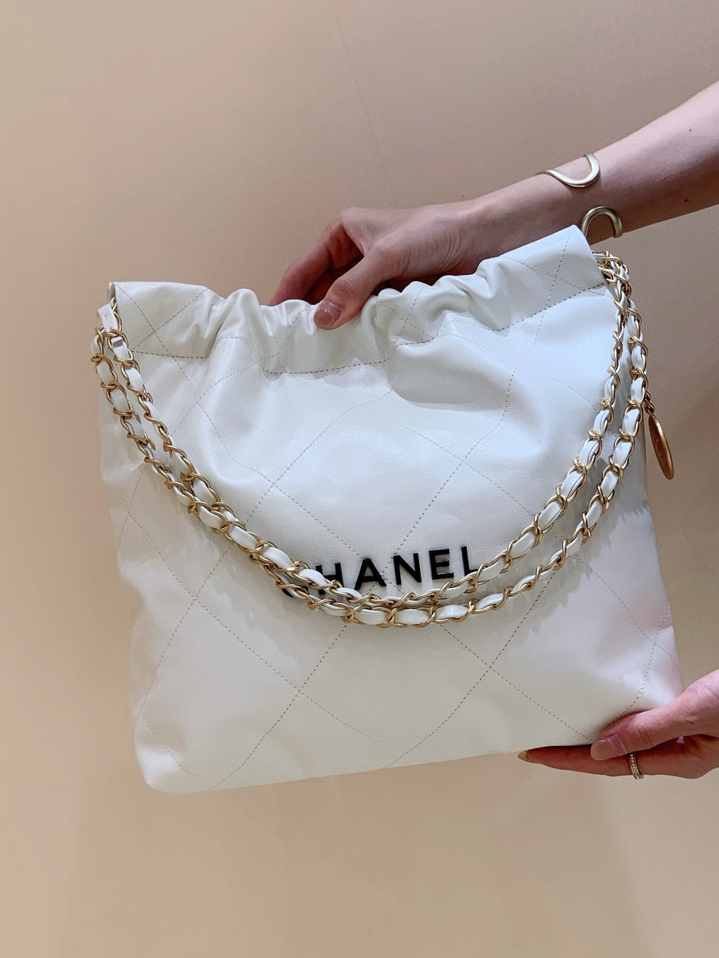 Chanel Hobo Bag 37 White Black Lambskin Gold Hardware