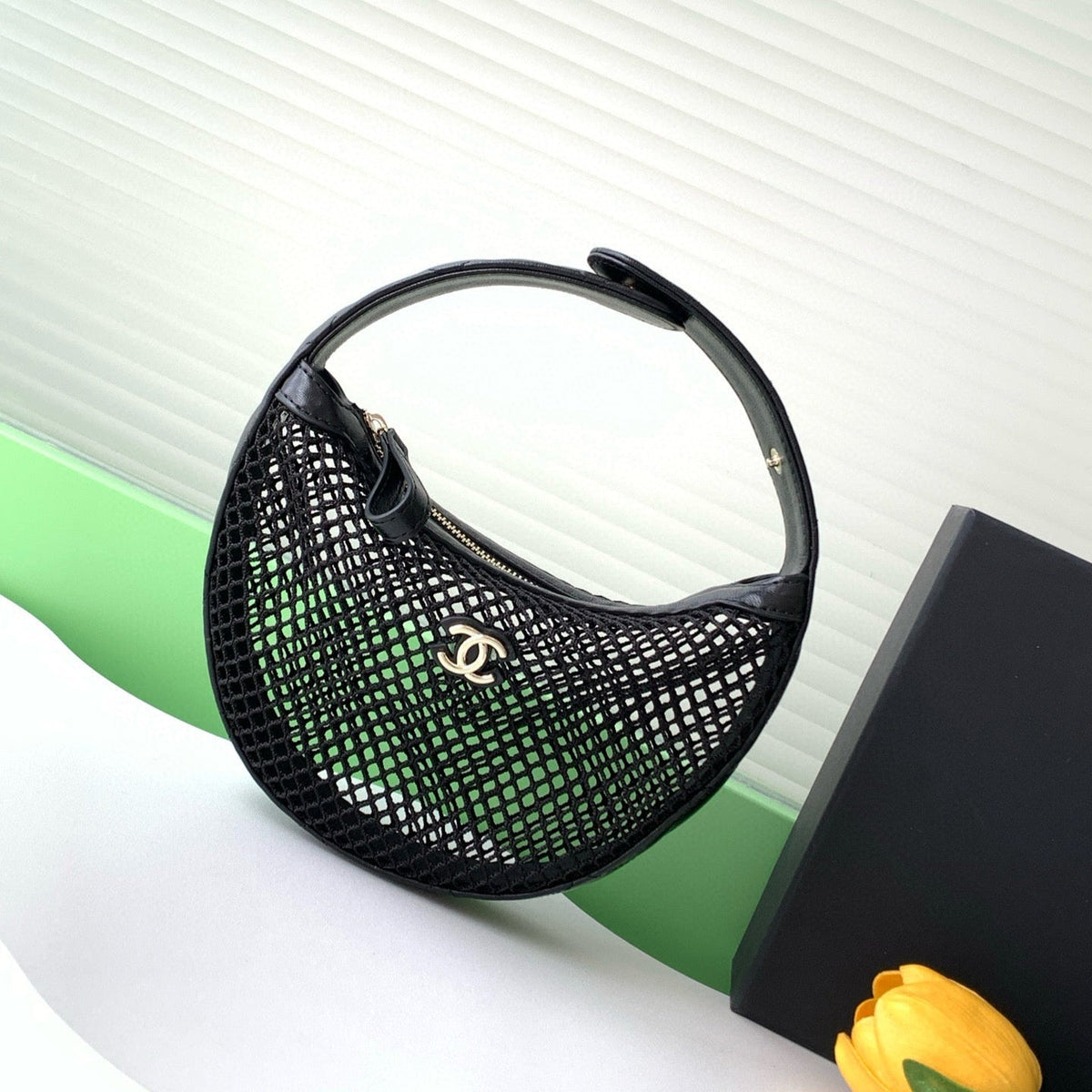 Chanel 25S Pouch in Black Lambskin with Mesh Gold Hardware