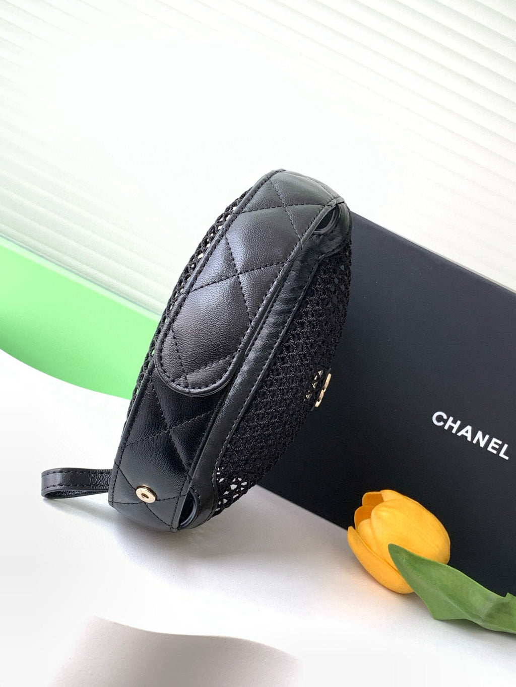 Chanel 25S Pouch in Black Lambskin with Mesh Gold Hardware