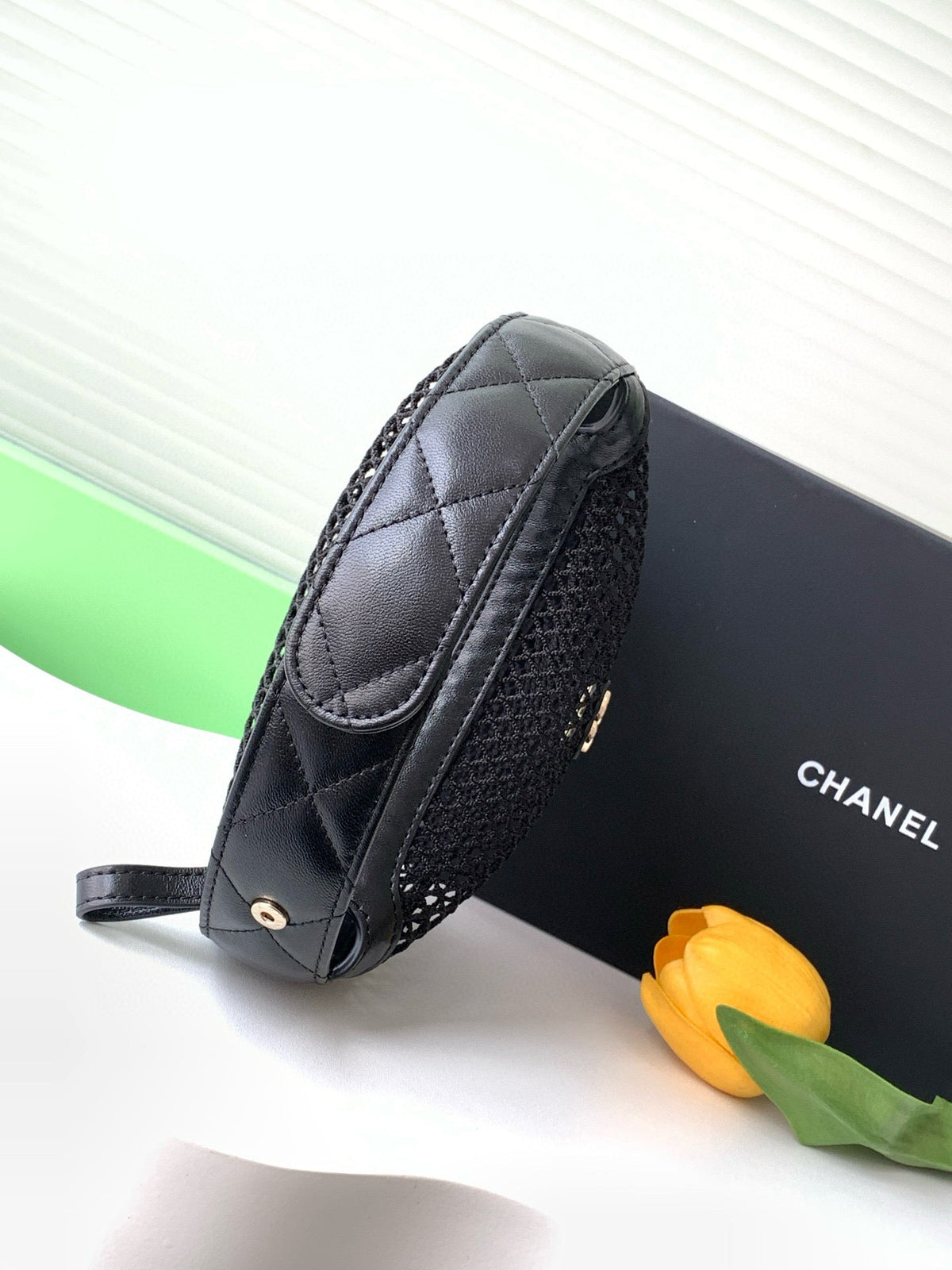 Chanel 25S Pouch in Black Lambskin with Mesh Gold Hardware