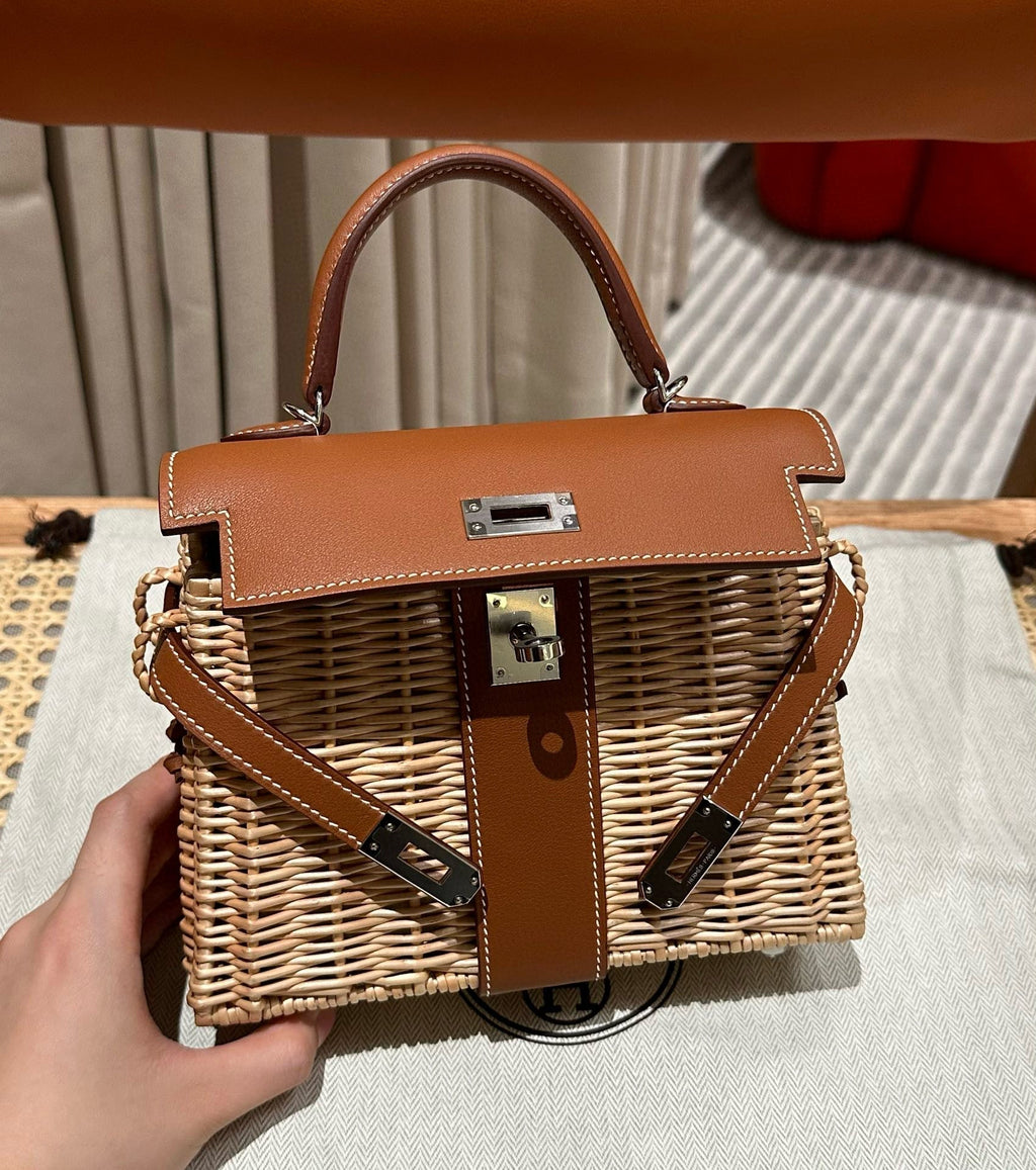 Hermes Kelly Picnic Handbag in Brown & Natural Leather and Wicker Silver Hardware
