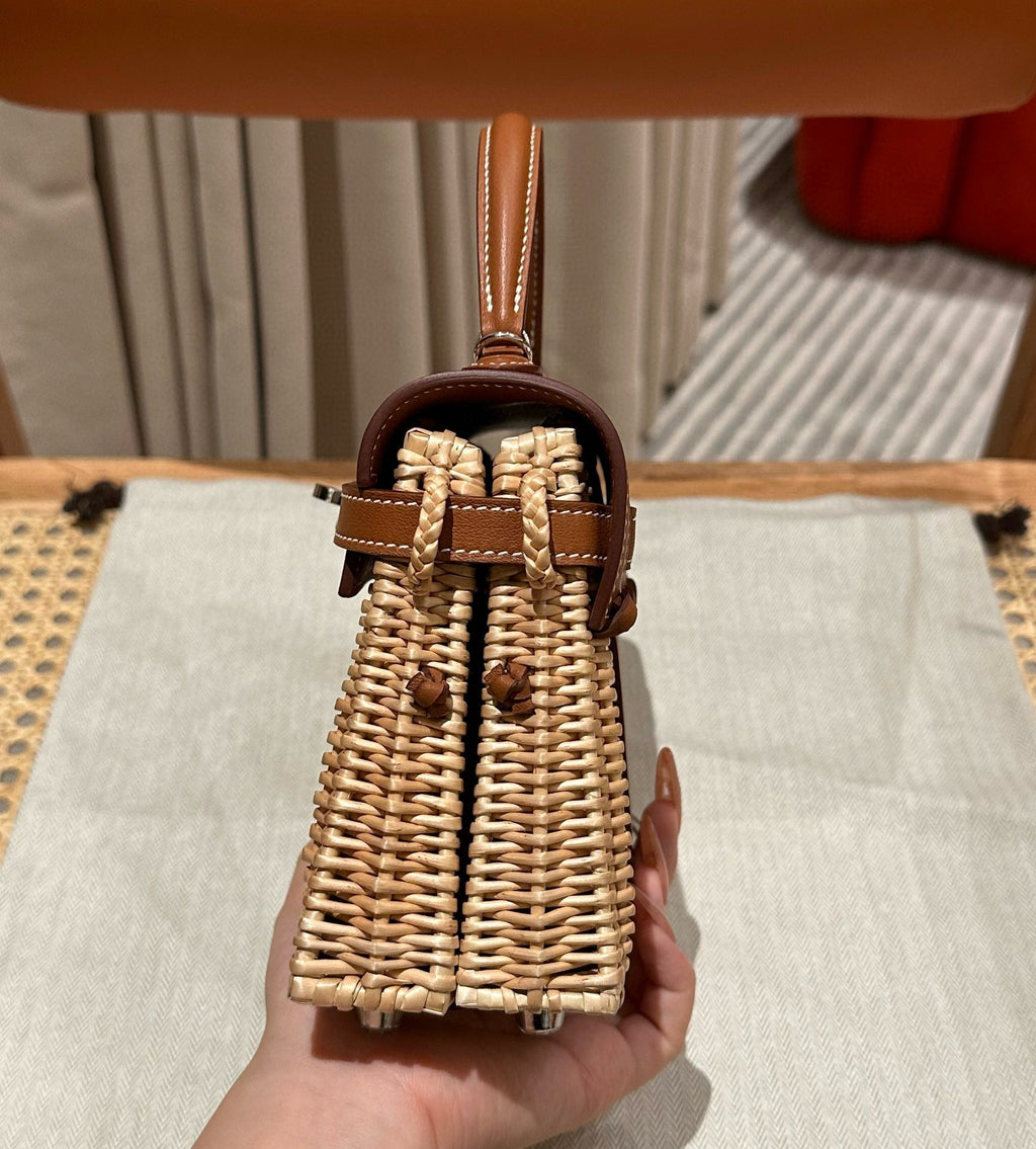 Hermes Kelly Picnic Handbag in Brown & Natural Leather and Wicker Silver Hardware