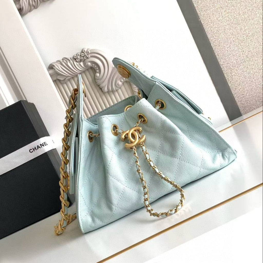 Chanel 25 Mini Handbag 22cm in Baby Blue Grained Calfskin Gold Hardware