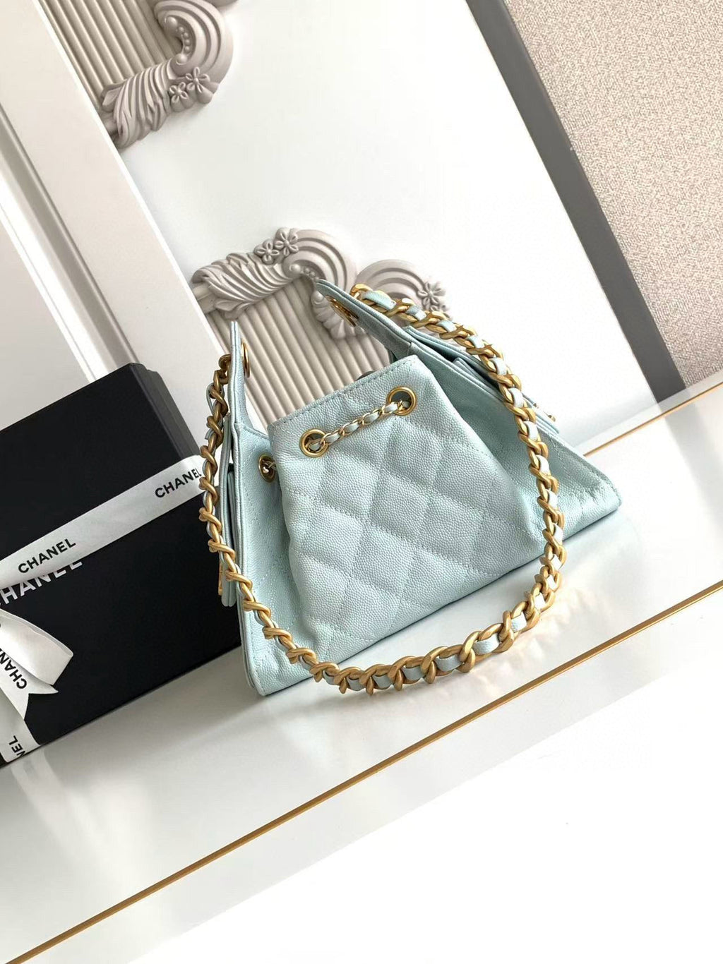 Chanel 25 Mini Handbag 22cm in Baby Blue Grained Calfskin Gold Hardware