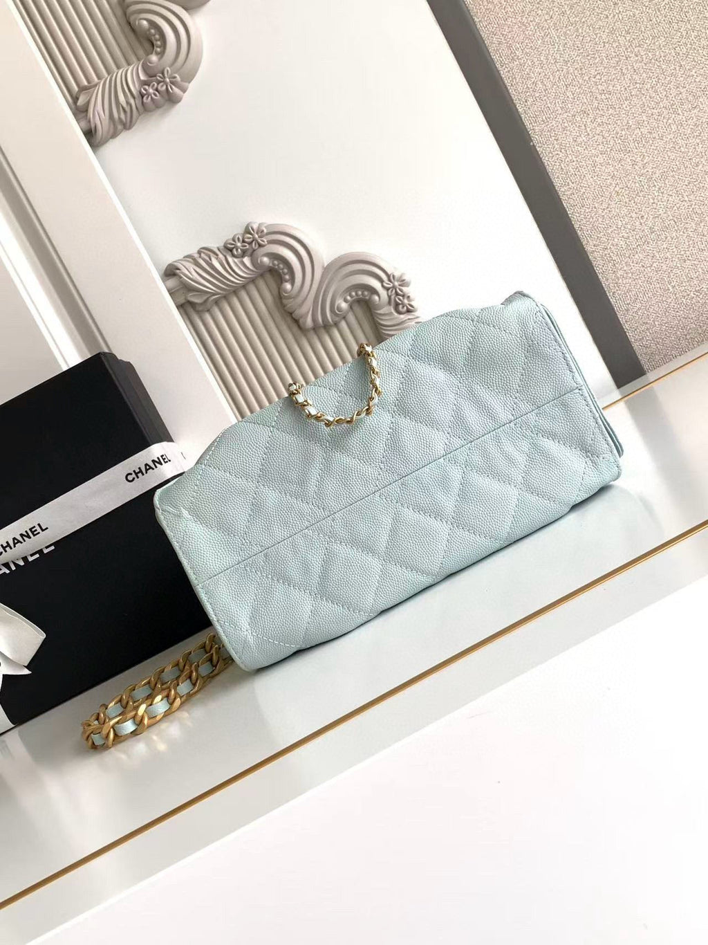 Chanel 25 Mini Handbag 22cm in Baby Blue Grained Calfskin Gold Hardware