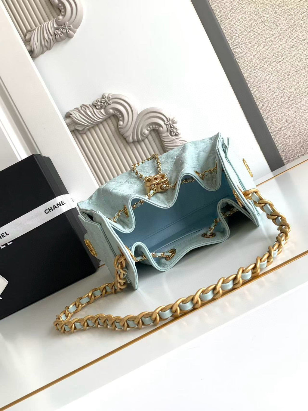 Chanel 25 Mini Handbag 22cm in Baby Blue Grained Calfskin Gold Hardware