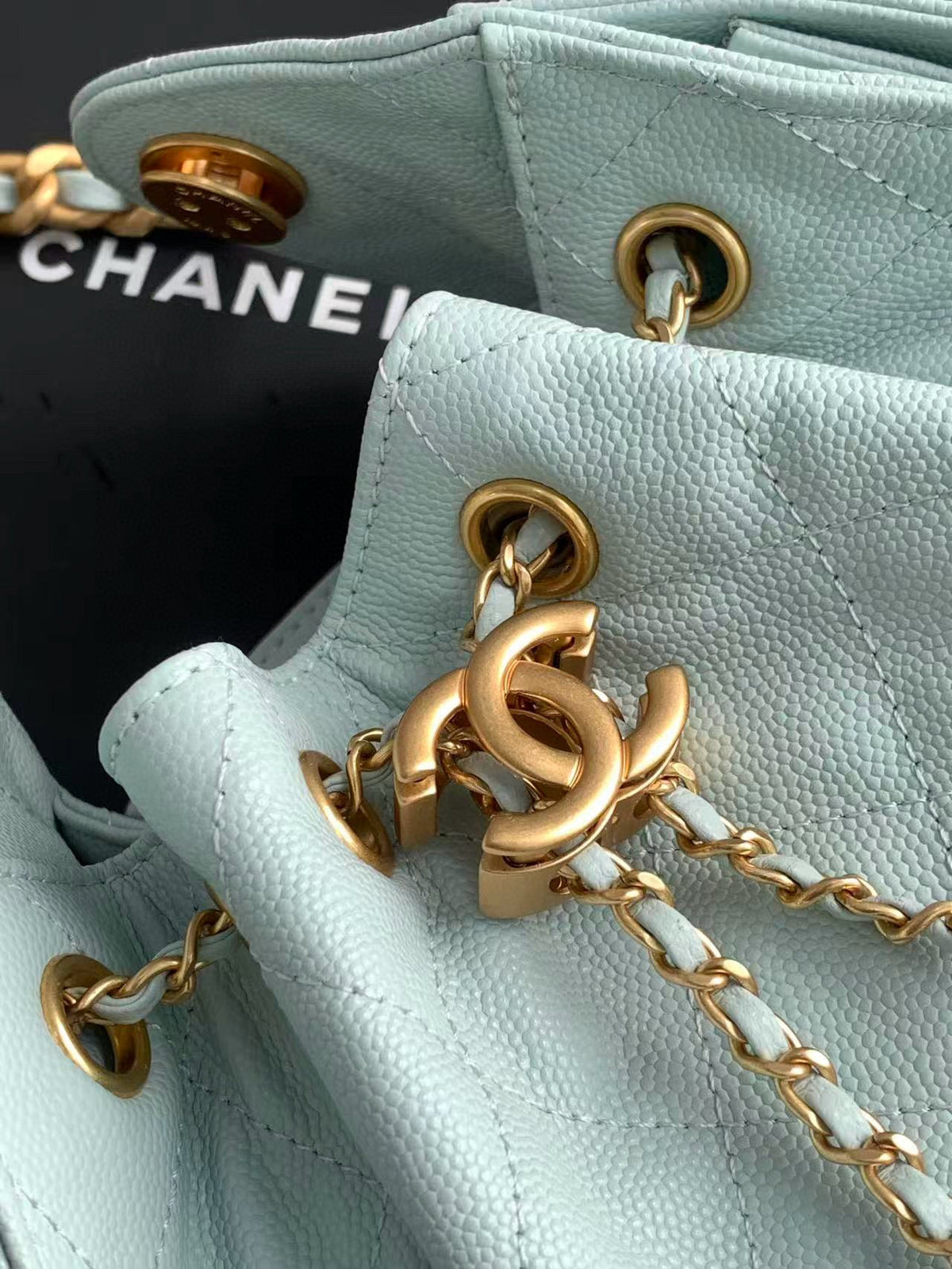 Chanel 25 Mini Handbag 22cm in Baby Blue Grained Calfskin Gold Hardware