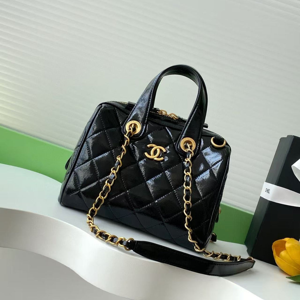 Chanel Handbag 21 in Black Patent Quilted Calfskin with Gold Chain