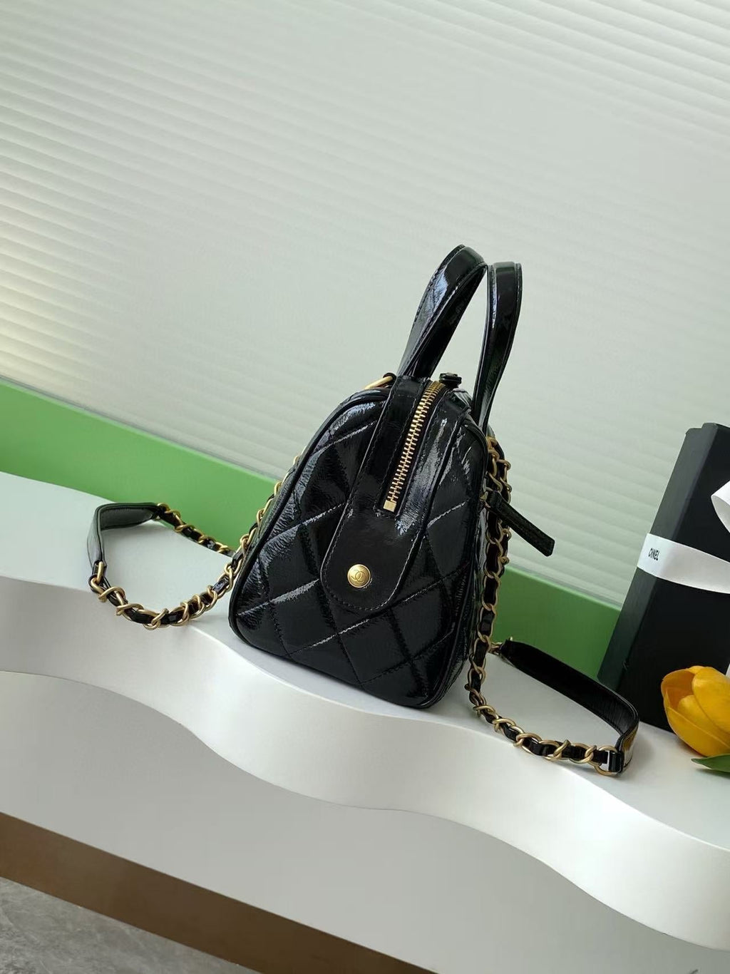 Chanel Handbag 21 in Black Patent Quilted Calfskin with Gold Chain
