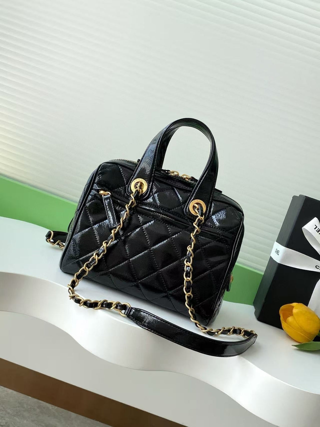 Chanel Handbag 21 in Black Patent Quilted Calfskin with Gold Chain