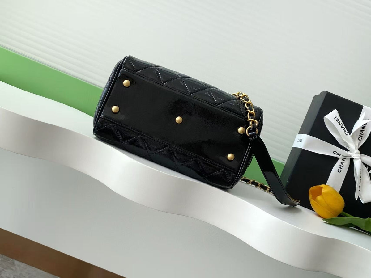 Chanel Handbag 21 in Black Patent Quilted Calfskin with Gold Chain