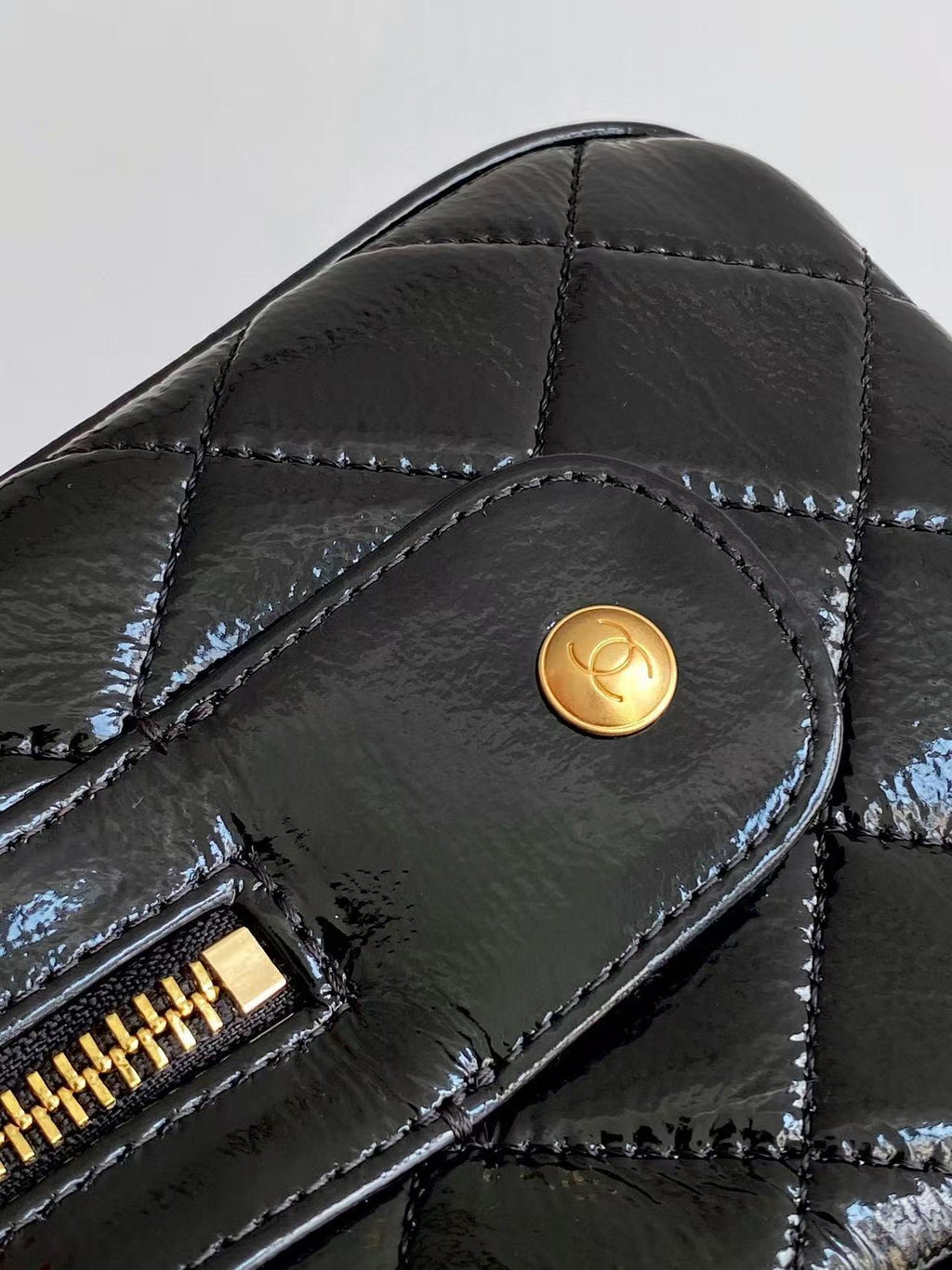 Chanel Handbag 21 in Black Patent Quilted Calfskin with Gold Chain