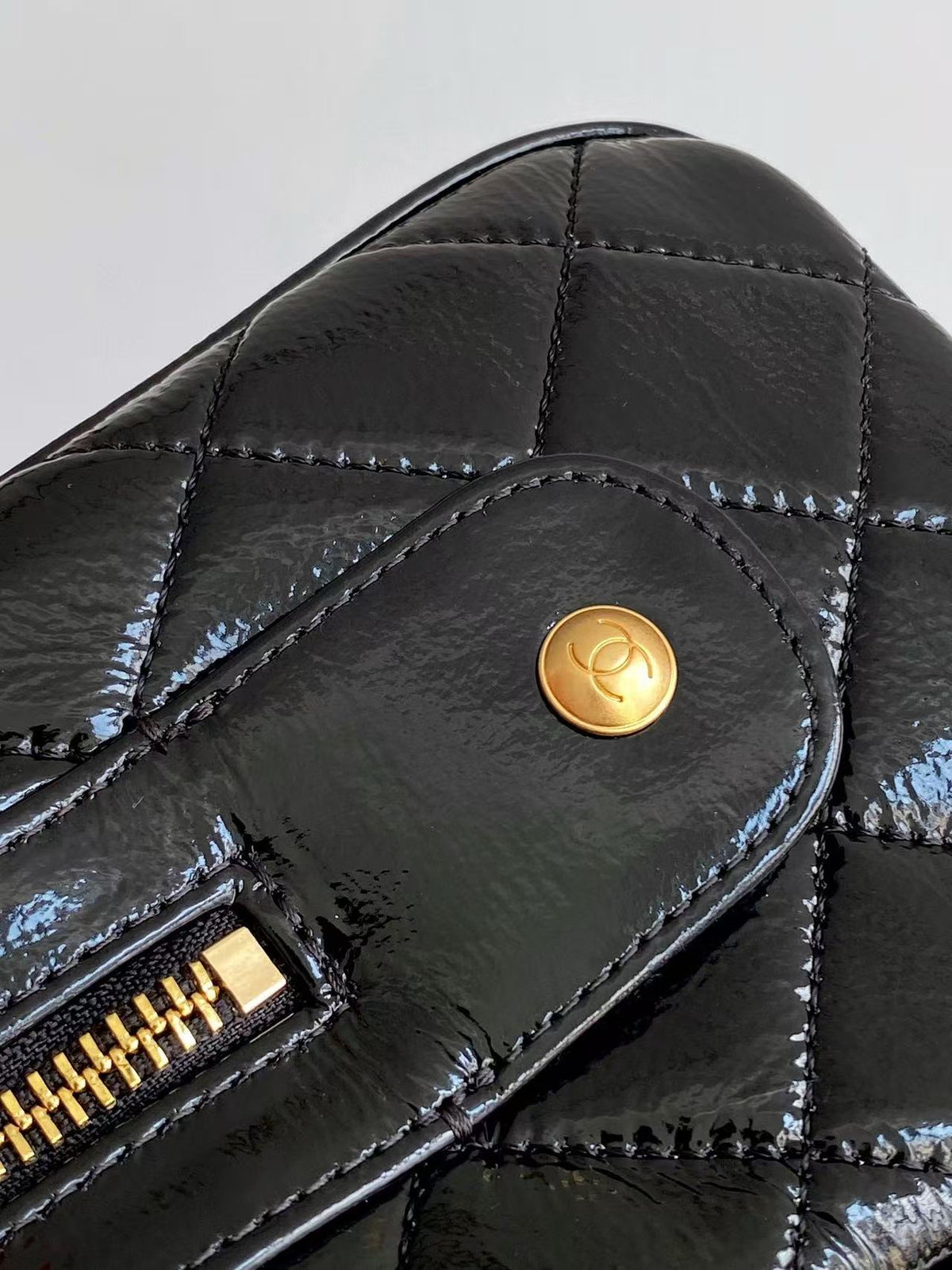 Chanel Handbag 21 in Black Patent Quilted Calfskin with Gold Chain