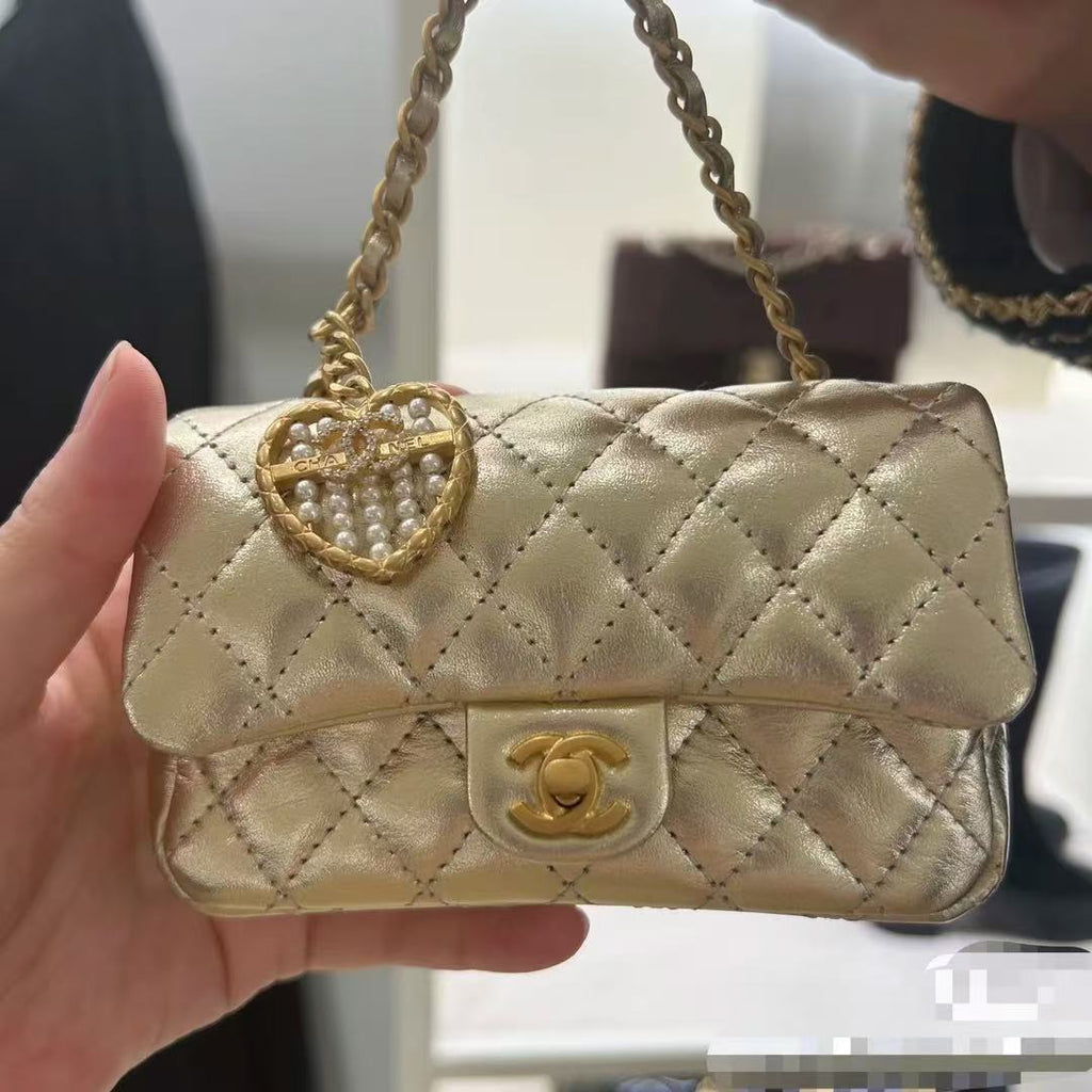 Chanel Classic Flap Bag 13 in Gold Lambskin with Pearl Heart Charm